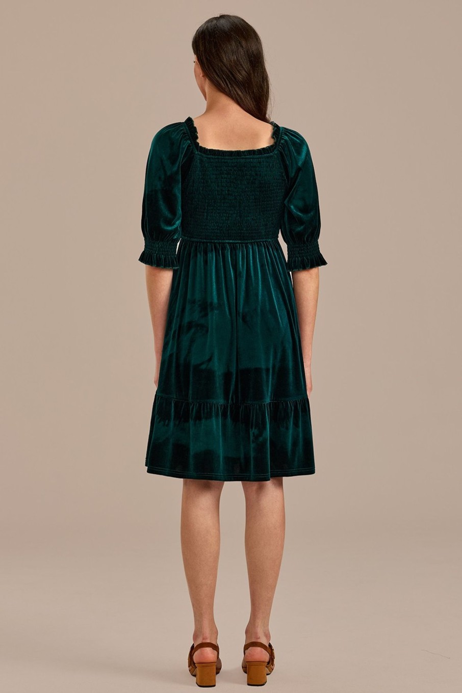 Wholesale Short Puff Sleeve Square Neck Smocked Midi Dress Green