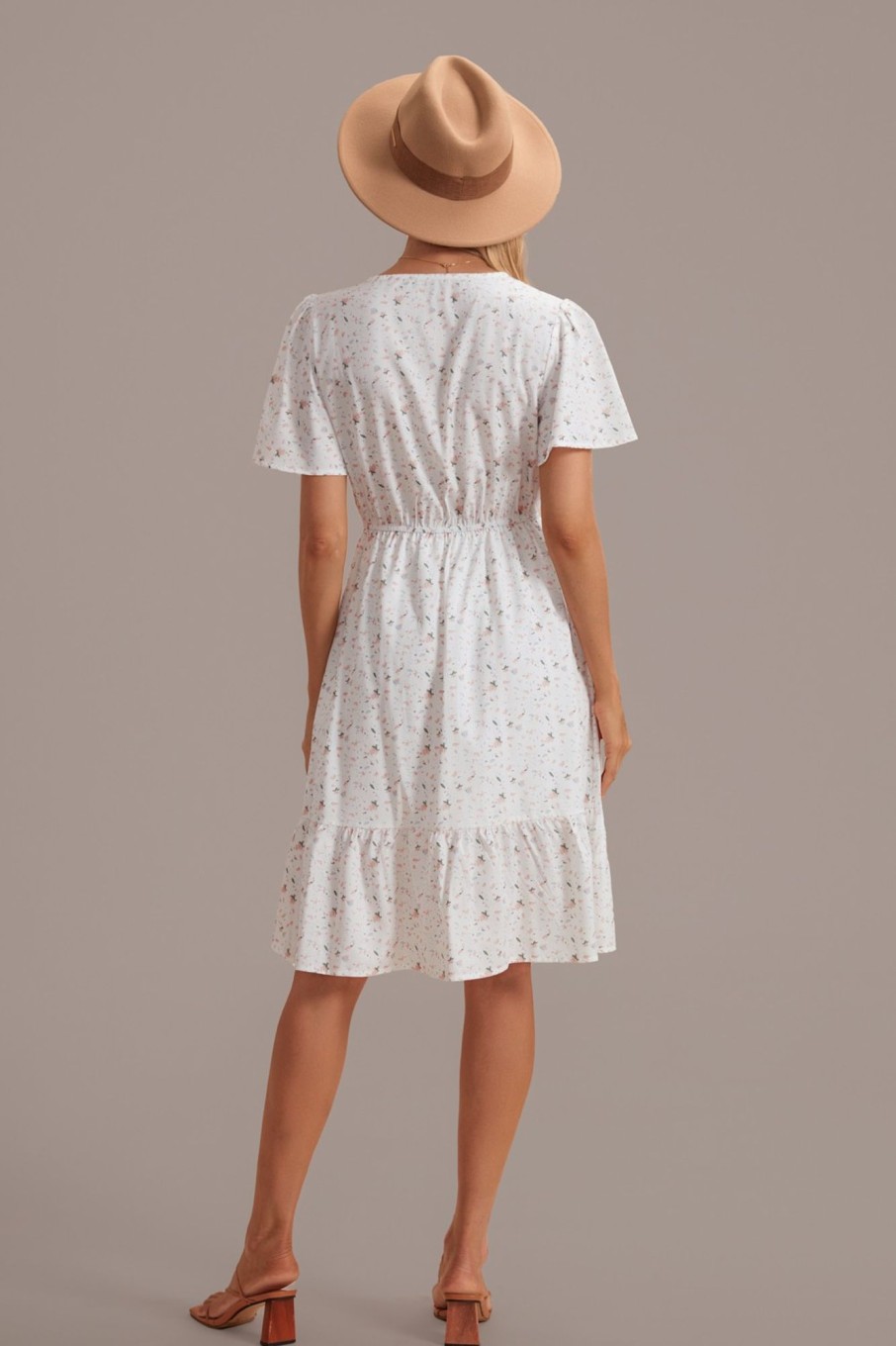 Best White Floral V Neck Short Sleeve Tiered Midi Dress Multi