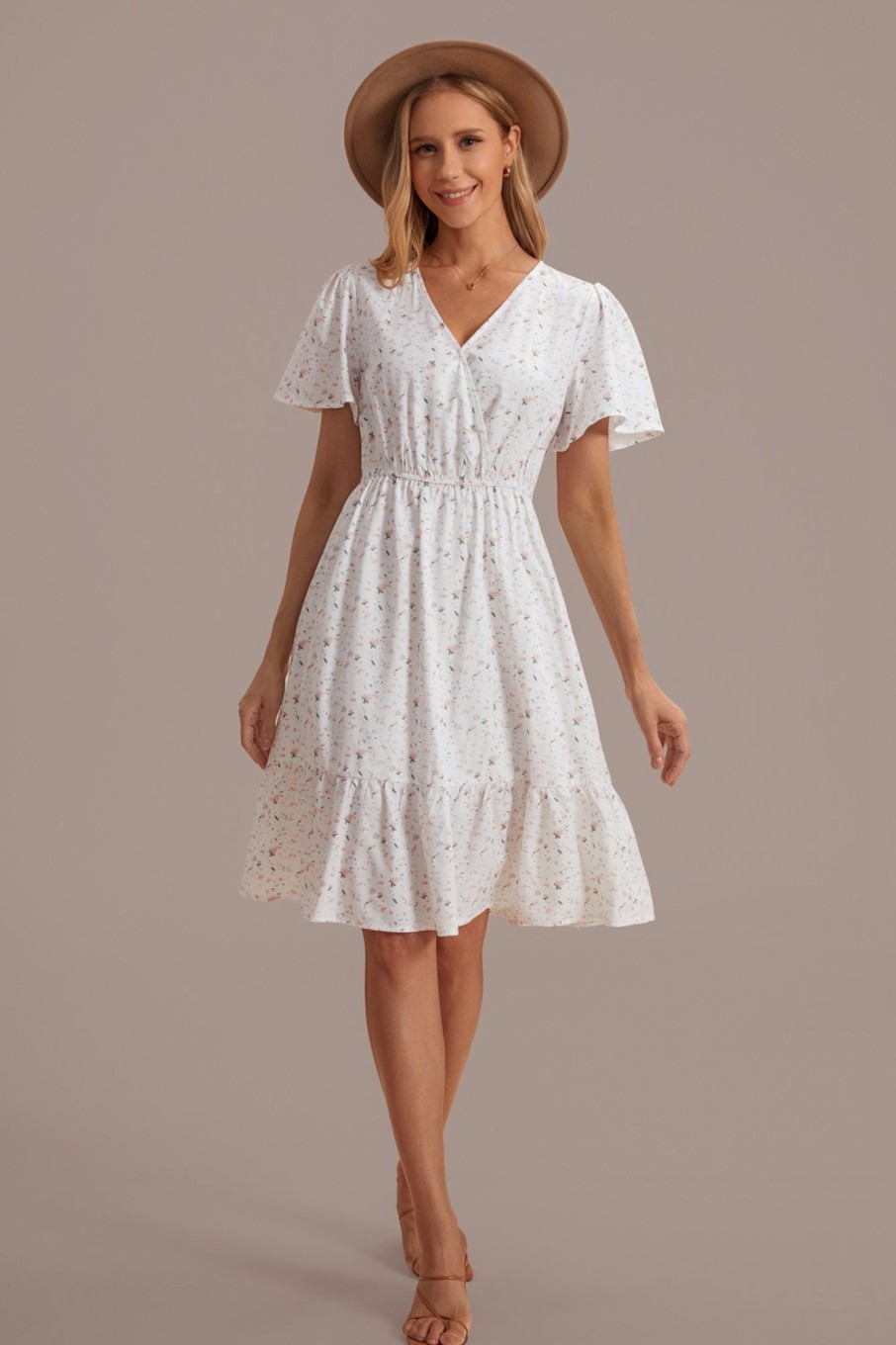 Best White Floral V Neck Short Sleeve Tiered Midi Dress Multi