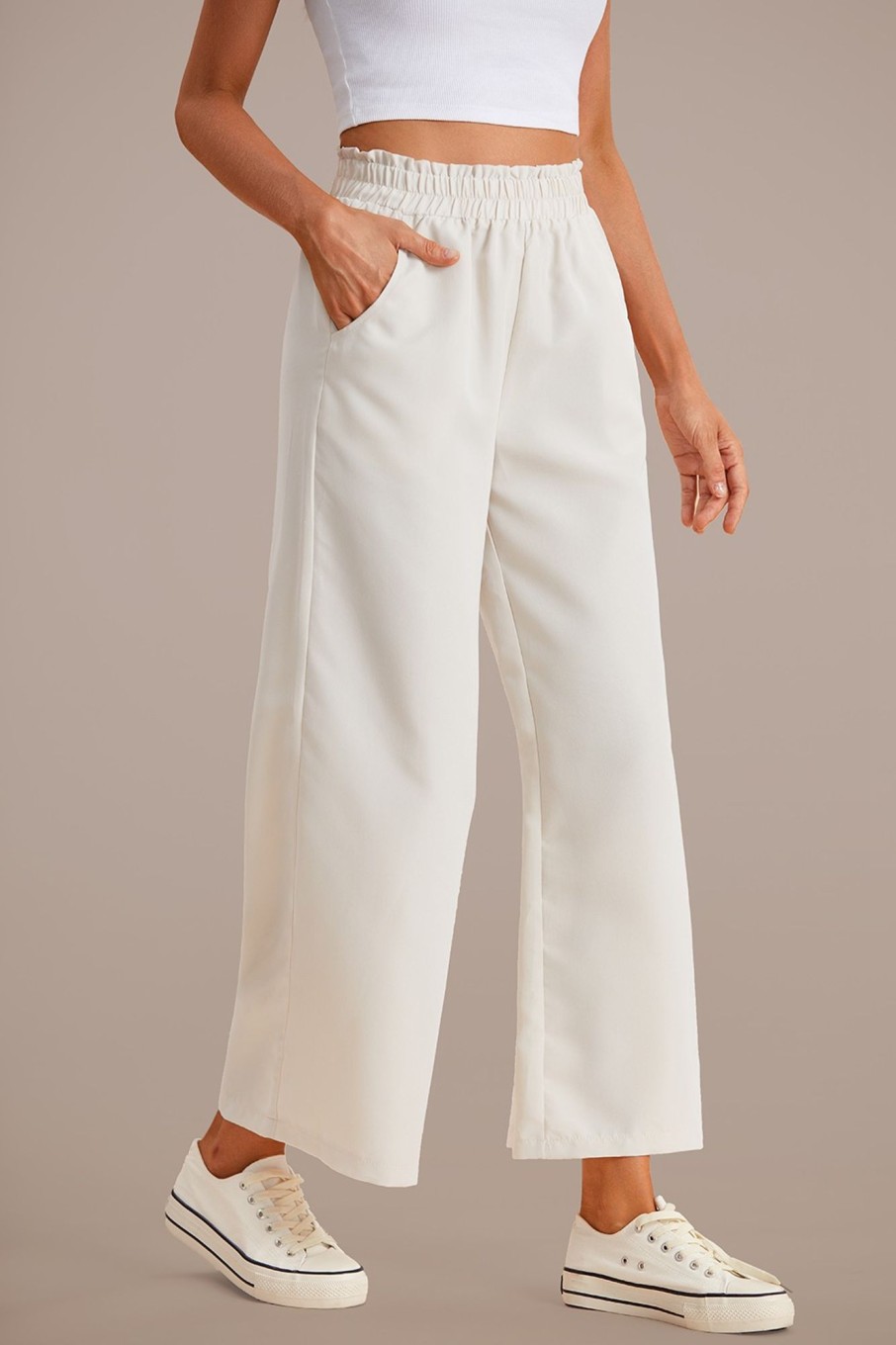 Online Elastic Waist Wide Leg Pants White