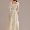 Online Puff Half Sleeve Square Neck Smocked Tiered Midi Dress Cream