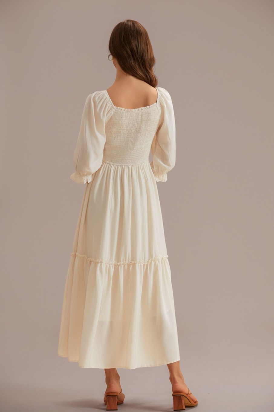 Online Puff Half Sleeve Square Neck Smocked Tiered Midi Dress Cream