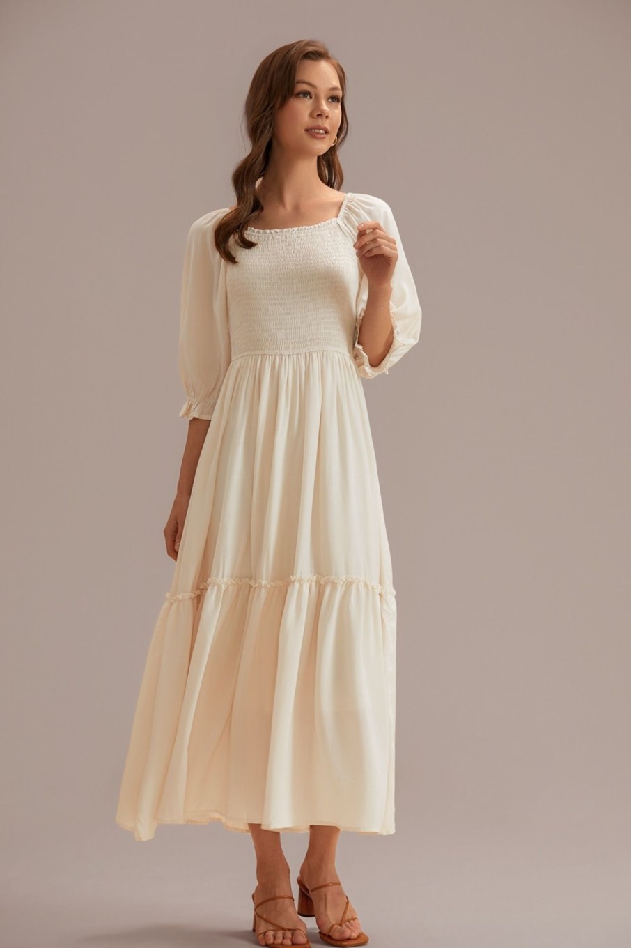 Online Puff Half Sleeve Square Neck Smocked Tiered Midi Dress Cream