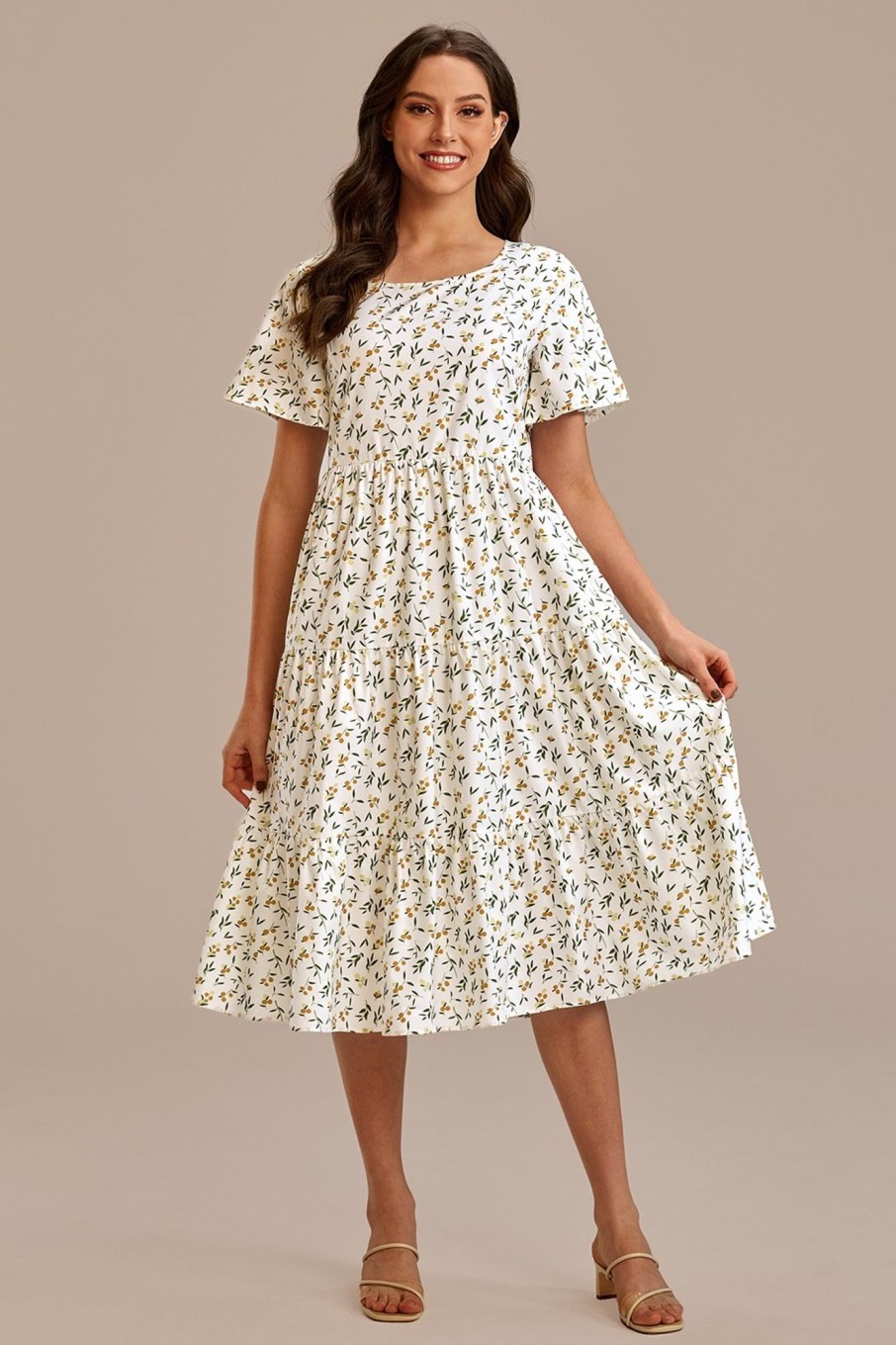 Wholesale Short Sleeve Round Neck Tiered Midi Dress Floral