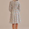 Clearance Floral 3/4 Length Sleeve Round Neck Smocked Midi Dress Multi Color