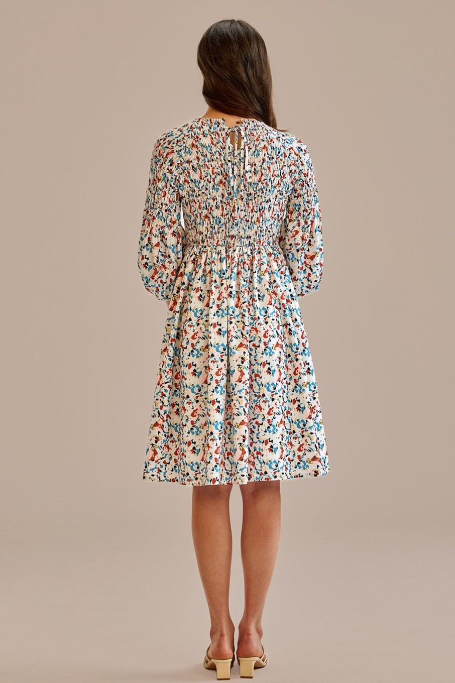 Clearance Floral 3/4 Length Sleeve Round Neck Smocked Midi Dress Multi Color