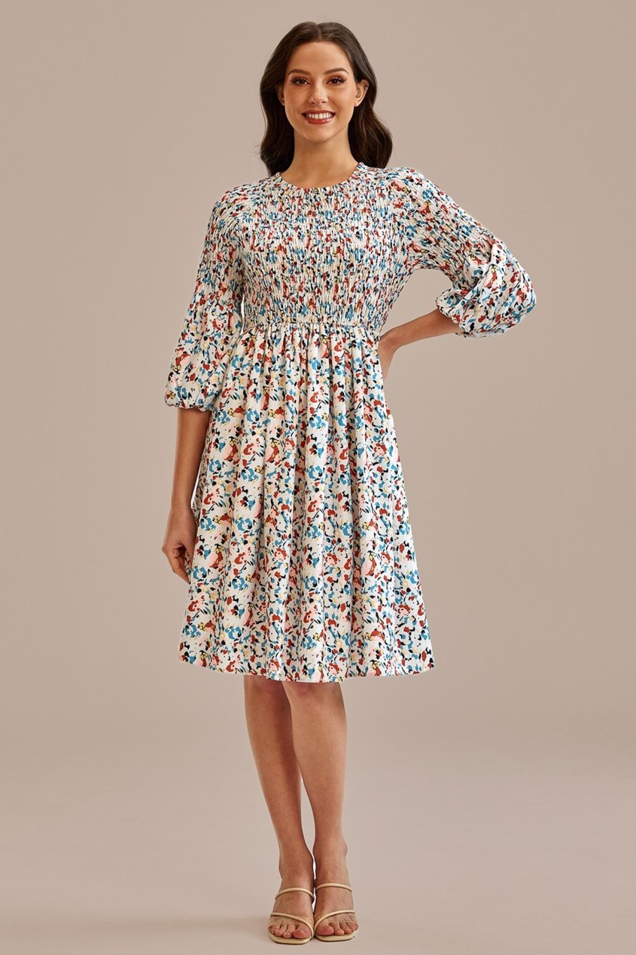 Clearance Floral 3/4 Length Sleeve Round Neck Smocked Midi Dress Multi Color