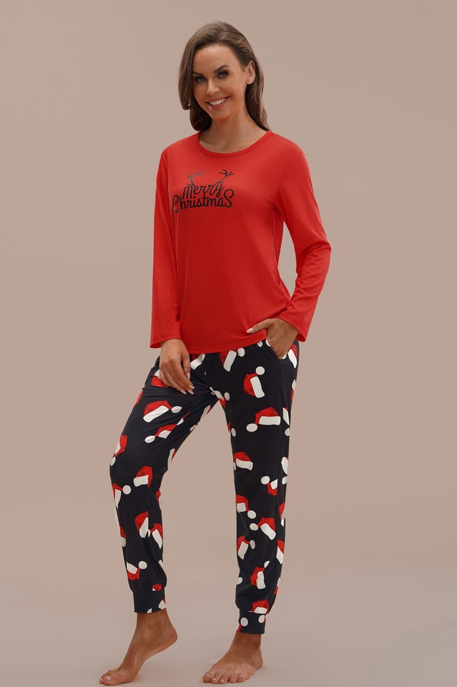 New Christmas Print Long Sleeve Round Neck Pj Set Red