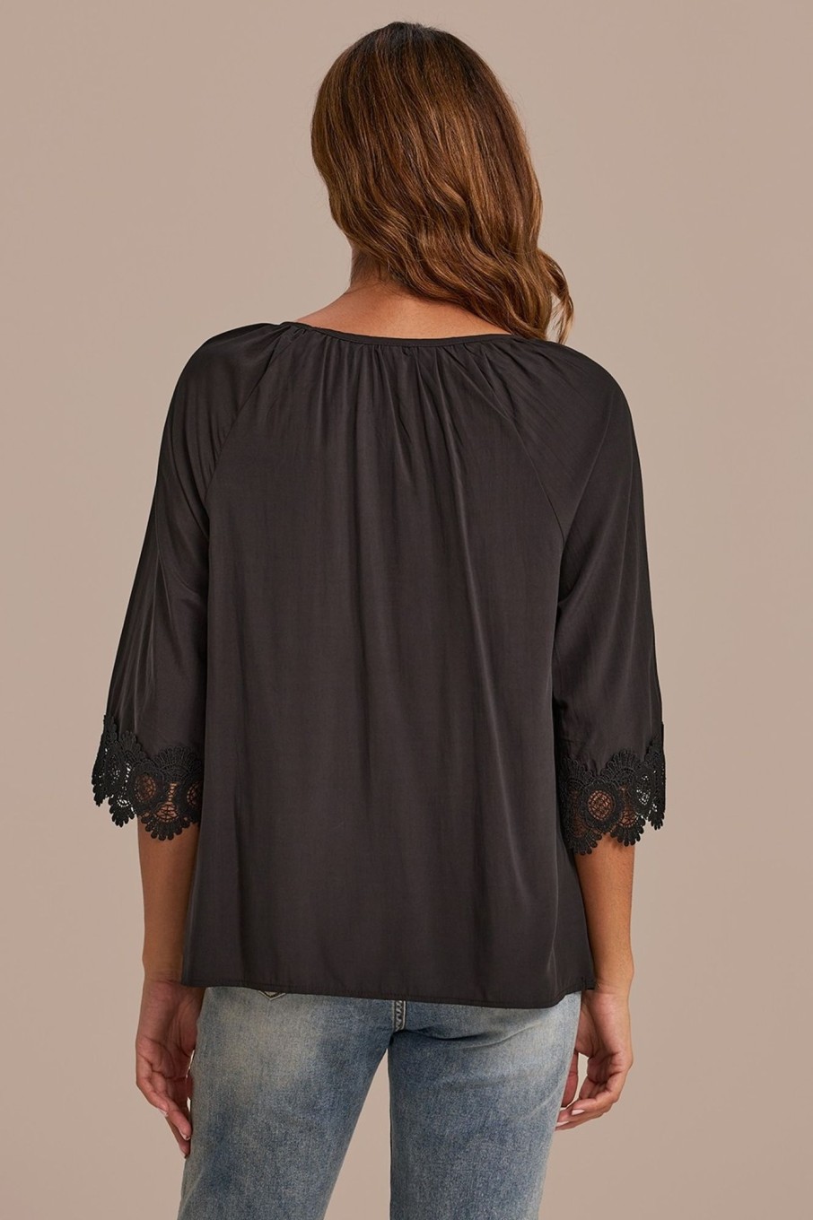 Best Round Neck 3/4 Sleeve Button Up Blouse Black