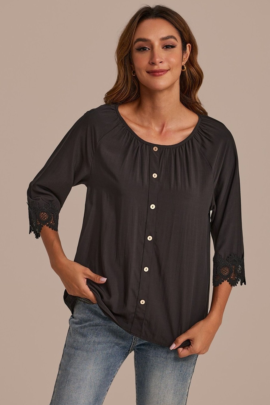 Best Round Neck 3/4 Sleeve Button Up Blouse Black