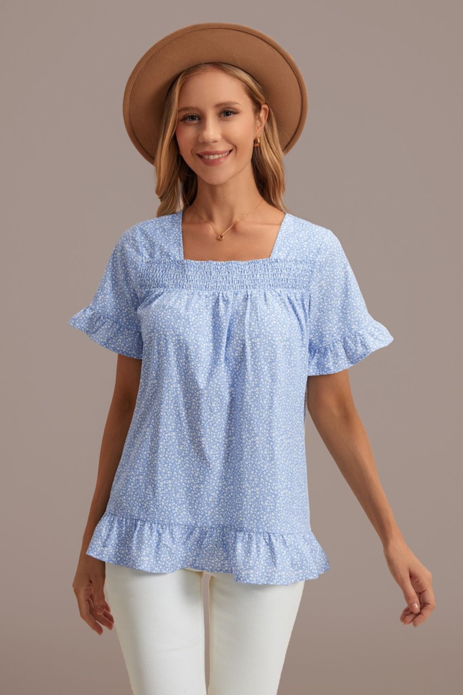 Online Floral Smocked Square Neck Ruffle Short Sleeve Blouse Blue