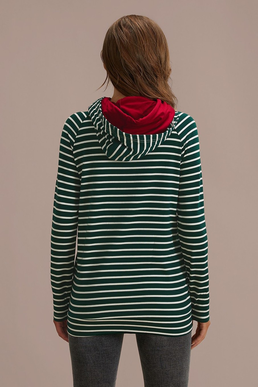 Wholesale Green Stripe Long Sleeve Doublehood Hoodie Forest Green