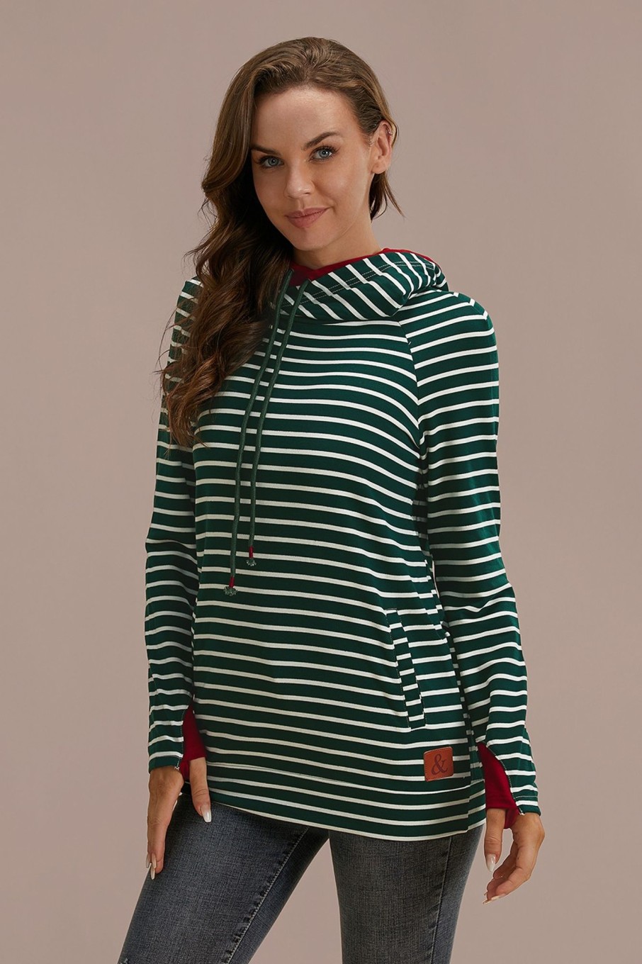 Wholesale Green Stripe Long Sleeve Doublehood Hoodie Forest Green