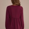 Best Solid Color V Neck Lantern Sleeve Peplum Blouse Burgundy