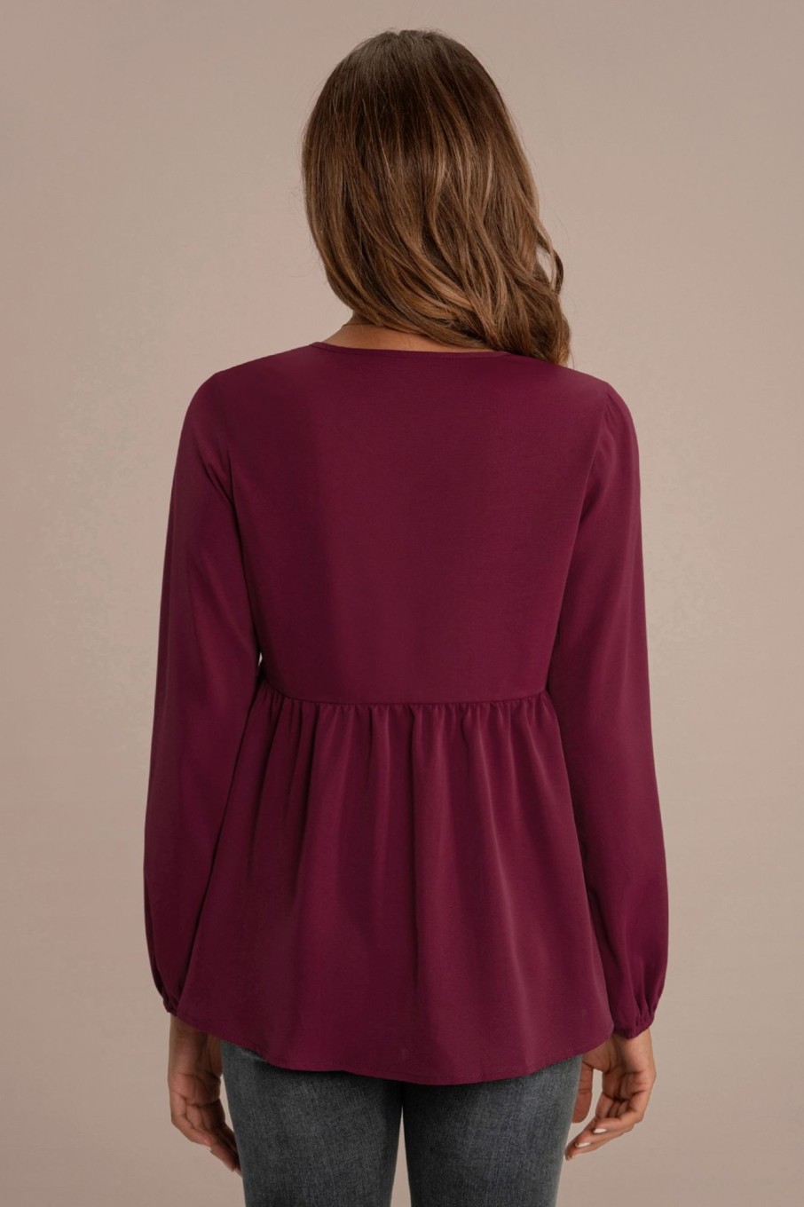 Best Solid Color V Neck Lantern Sleeve Peplum Blouse Burgundy