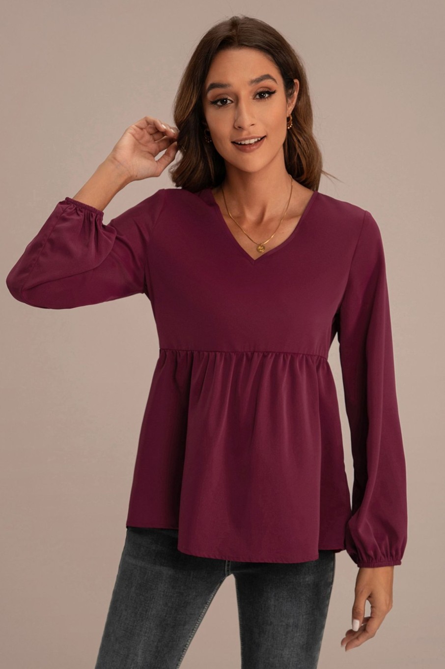 Best Solid Color V Neck Lantern Sleeve Peplum Blouse Burgundy