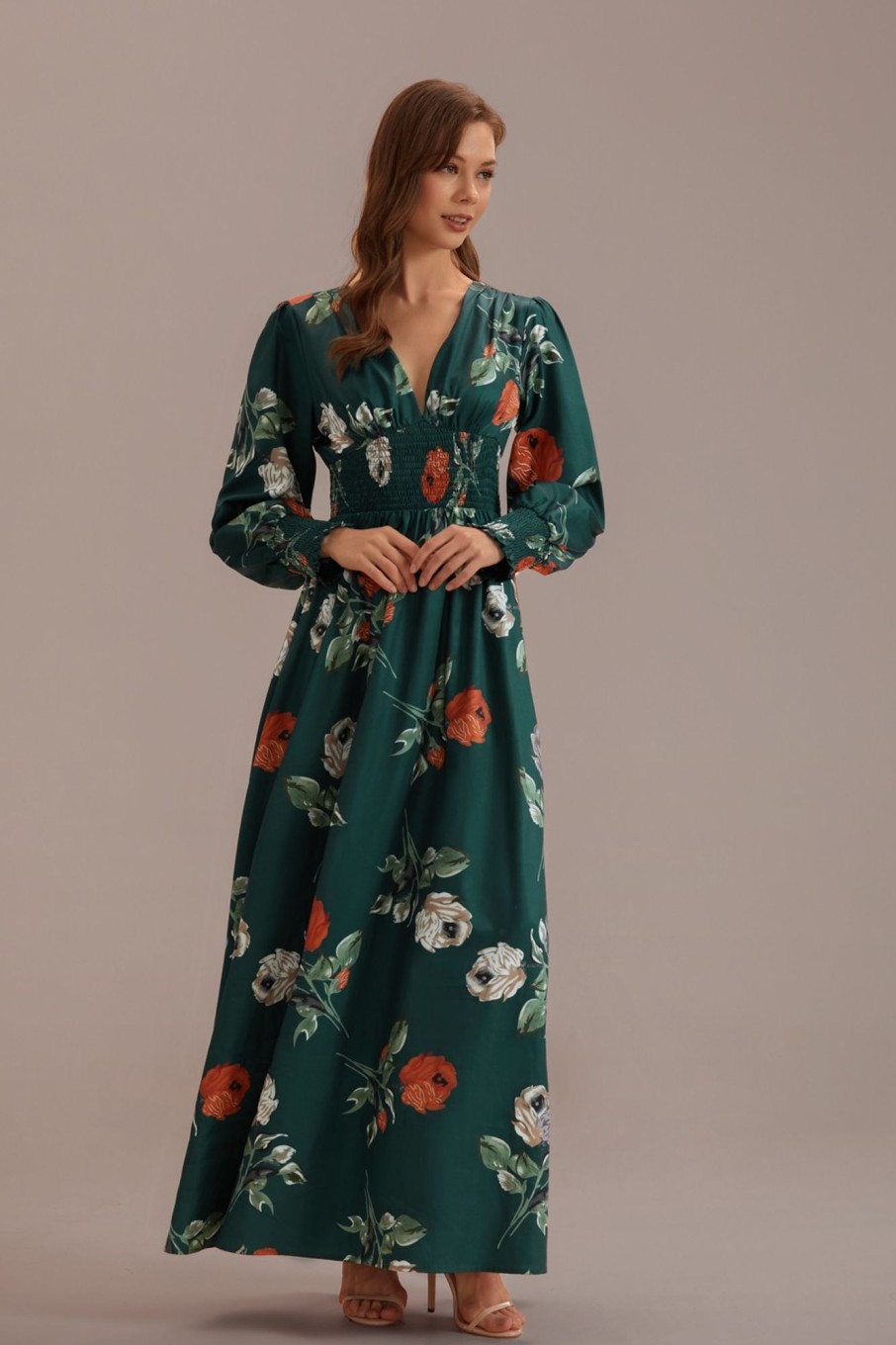 Clearance Floral Long Sleeve V Neck Maxi Dress Multi