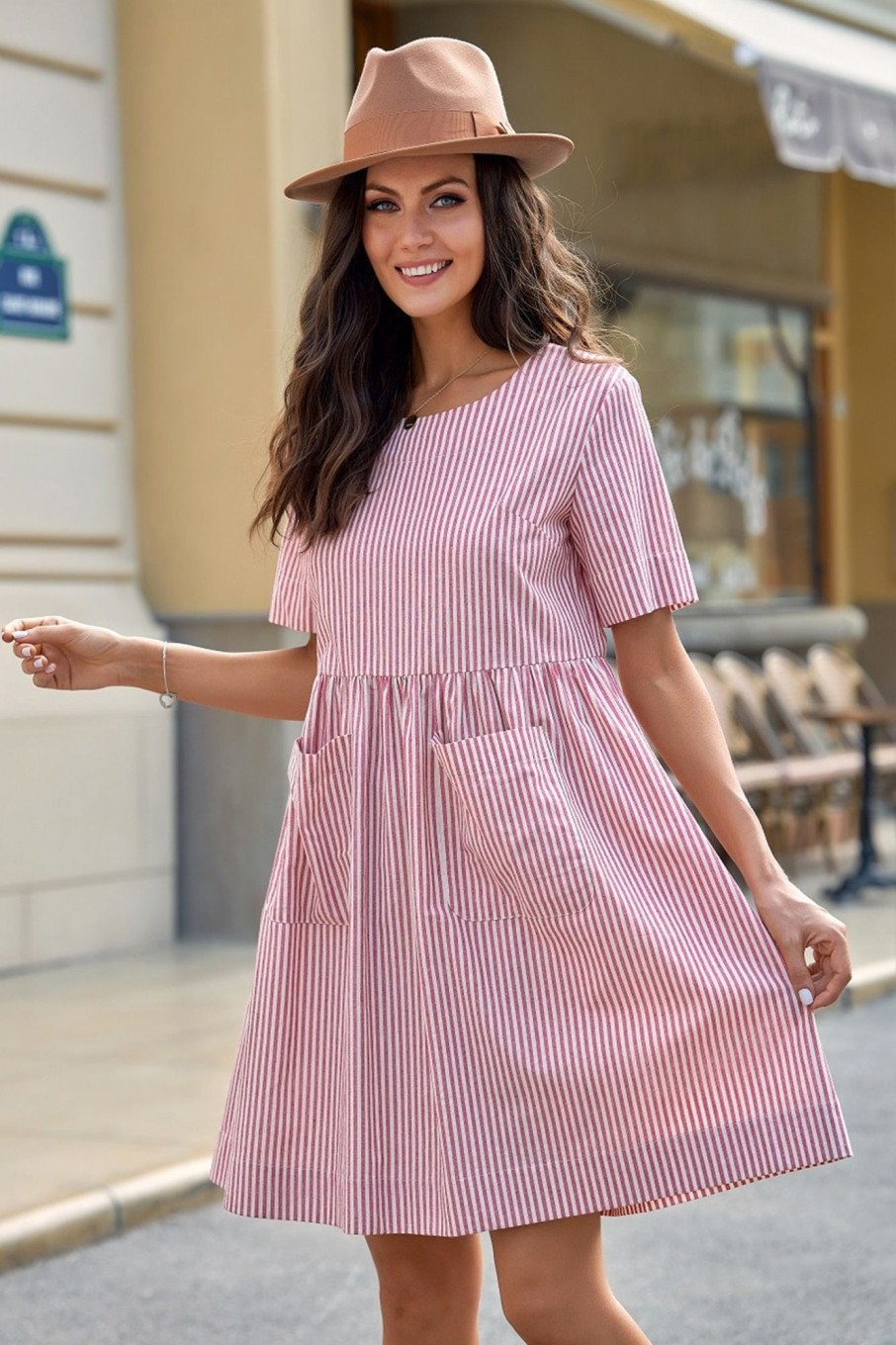 New Round Neck Short Sleeve Cotton Midi Dress With Pockets Firebrick