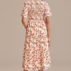 Online Floral Short Sleeve V Neck Smocked Midi Dress Multi