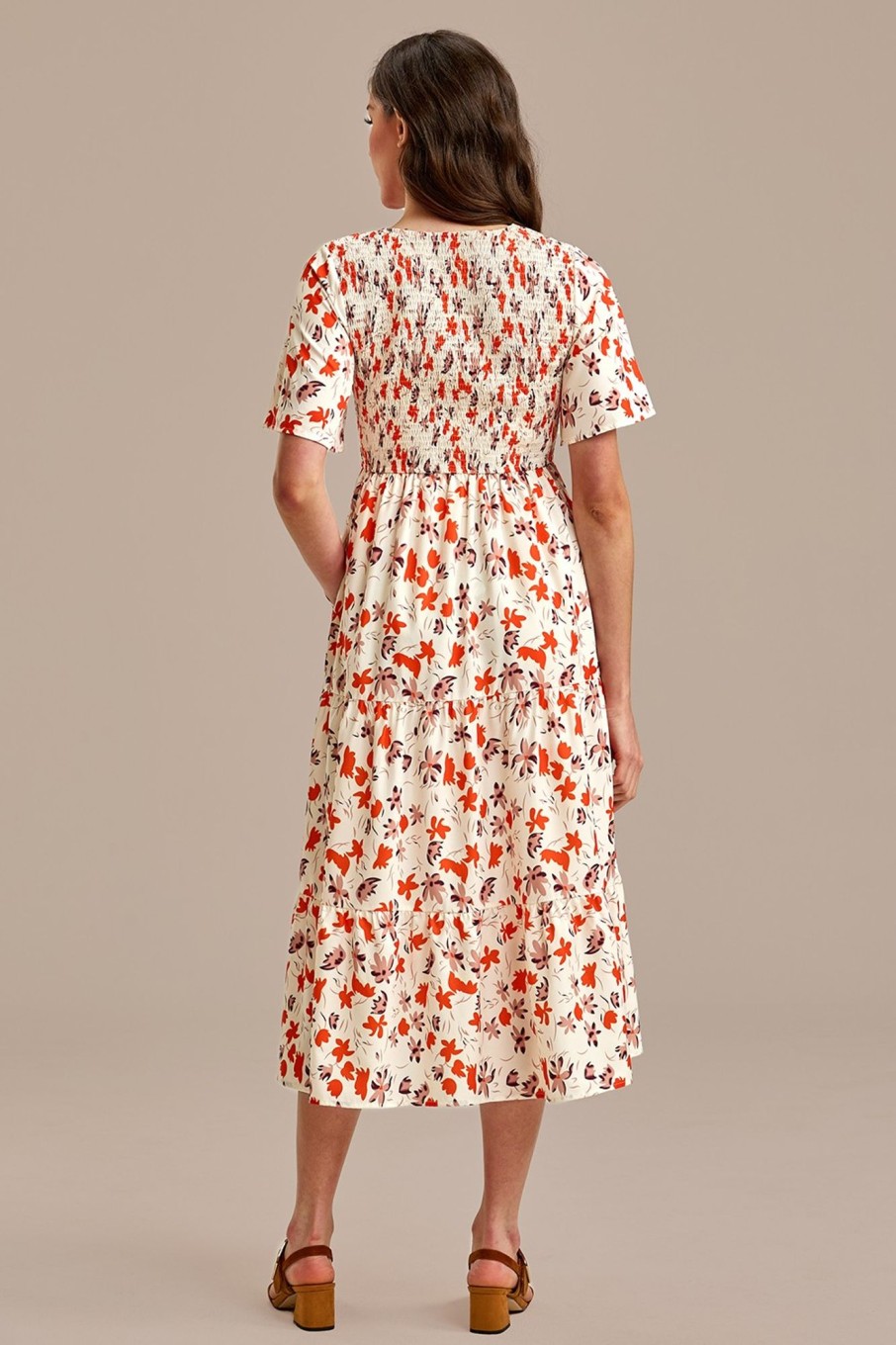 Online Floral Short Sleeve V Neck Smocked Midi Dress Multi