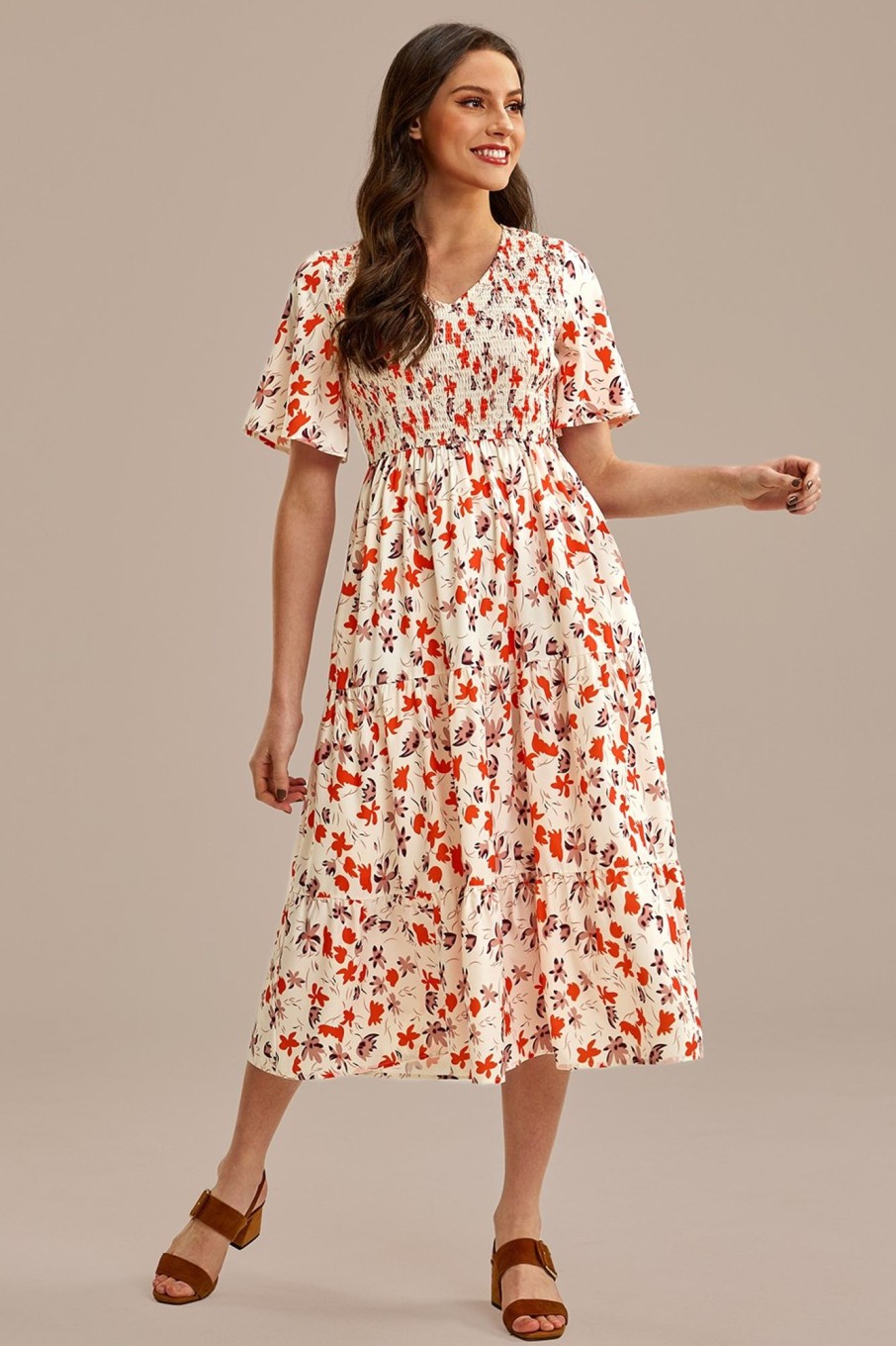 Online Floral Short Sleeve V Neck Smocked Midi Dress Multi