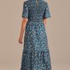 Wholesale Blue Floral Short Sleeve Round Neck Smocked Maxi Dress Multi