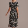 Hot Black Floral Round Neck Short Sleeve Midi Dress Multi