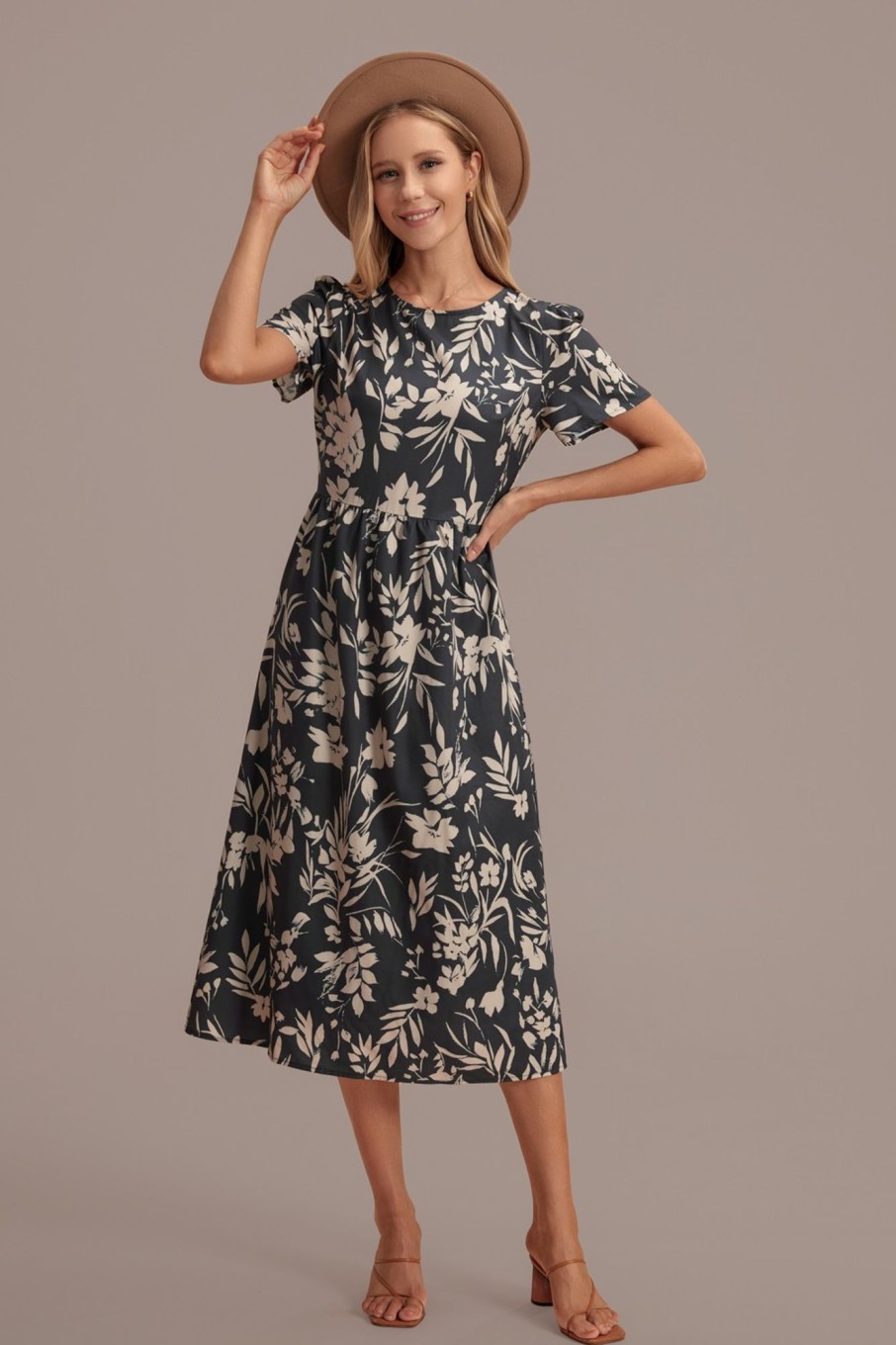 Hot Black Floral Round Neck Short Sleeve Midi Dress Multi