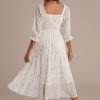 Hot Gold Foil 3/4 Sleeve Square Neck Tiered Midi Dress White