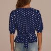 New Polka Dot Short Puff Sleeve Round Neck Tie Back Blouse Navy