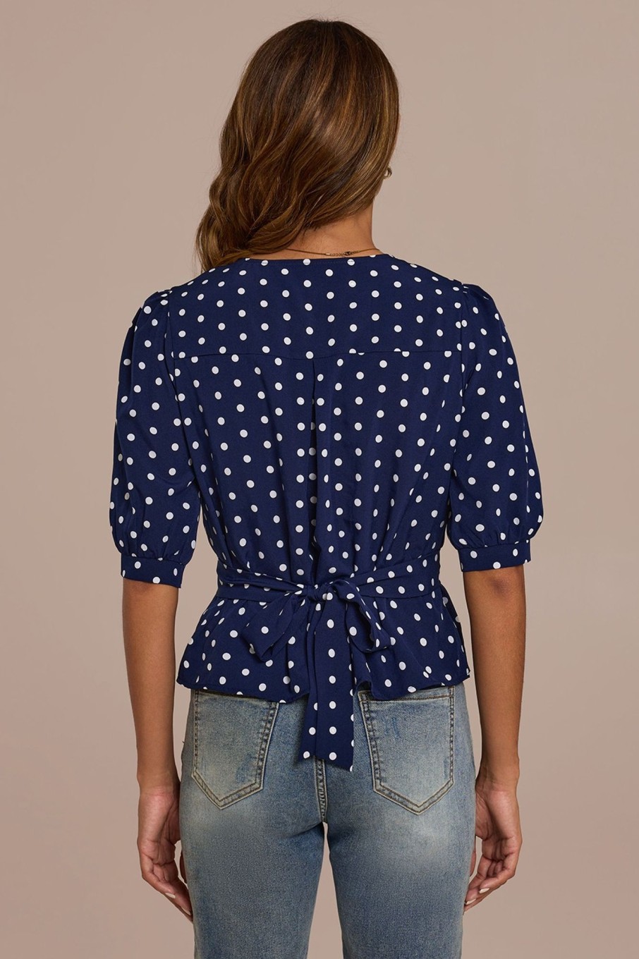 New Polka Dot Short Puff Sleeve Round Neck Tie Back Blouse Navy