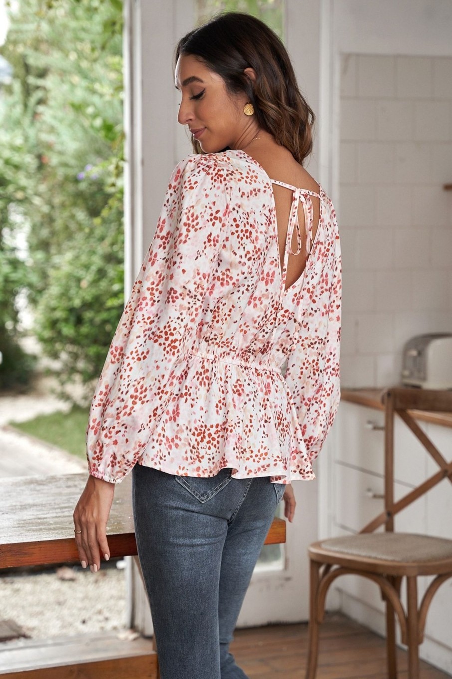 Online Casual Floral Print Long Sleeve Round Neck Blouse Pink