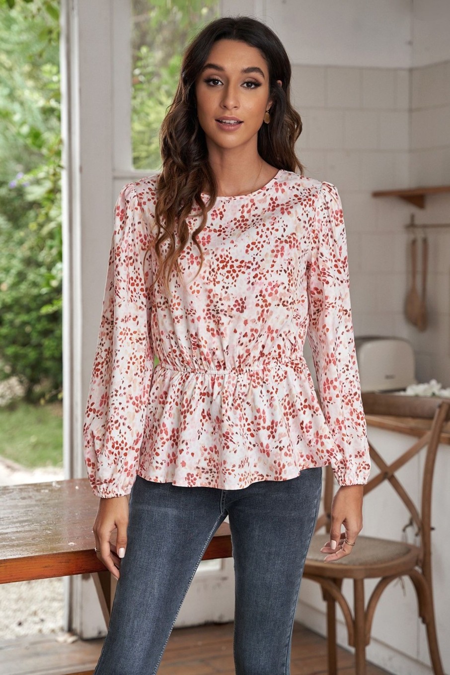 Online Casual Floral Print Long Sleeve Round Neck Blouse Pink