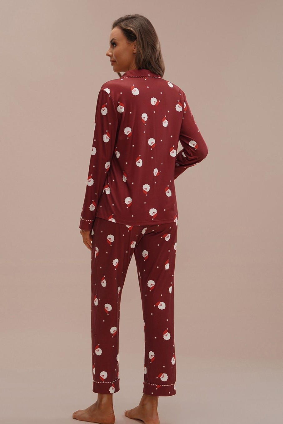 Clearance Santa Print Long Sleeve Collared Neck Buttons Pj Set Burgundy