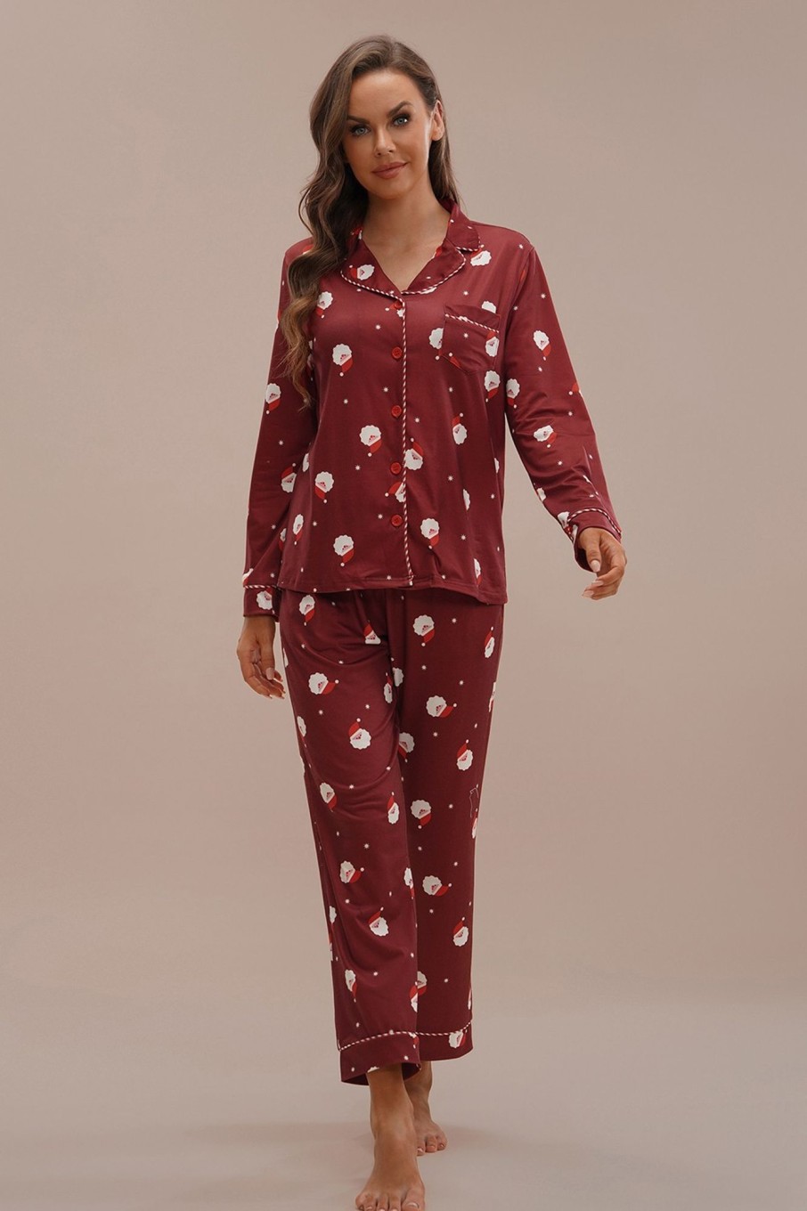 Clearance Santa Print Long Sleeve Collared Neck Buttons Pj Set Burgundy