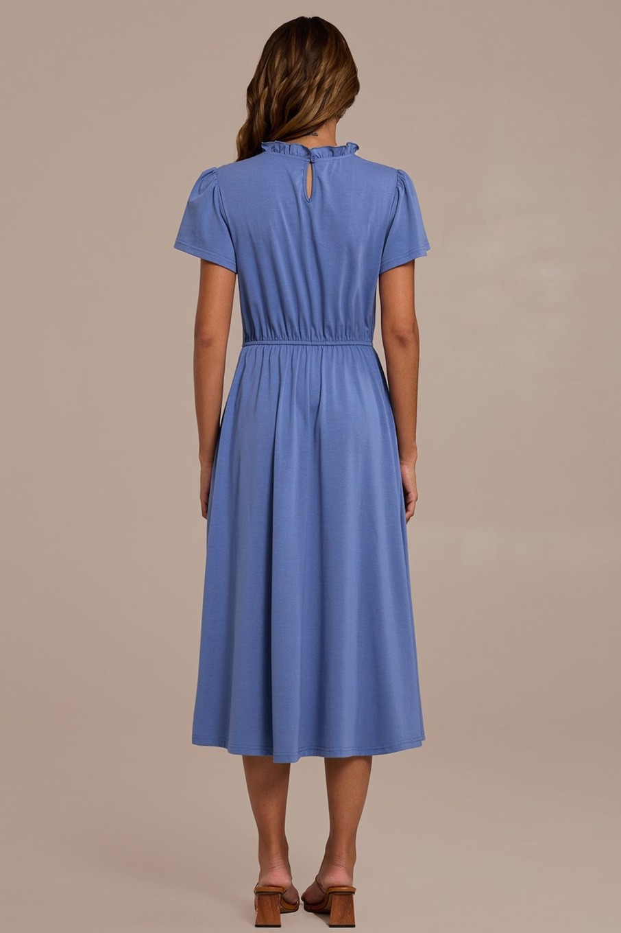 Best Short Sleeve Ruffle Neck Elastic Waist Midi Dress Blue