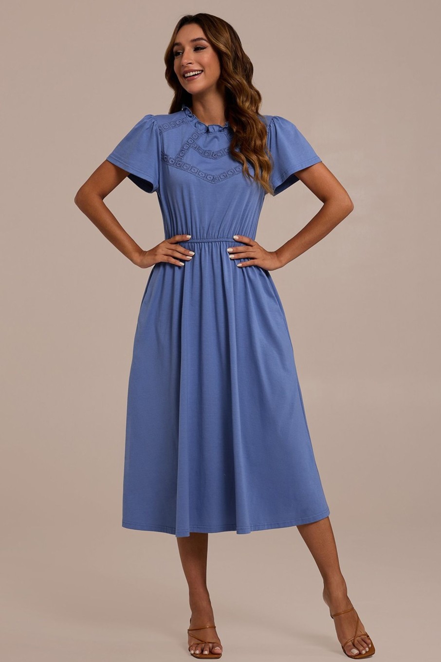 Best Short Sleeve Ruffle Neck Elastic Waist Midi Dress Blue