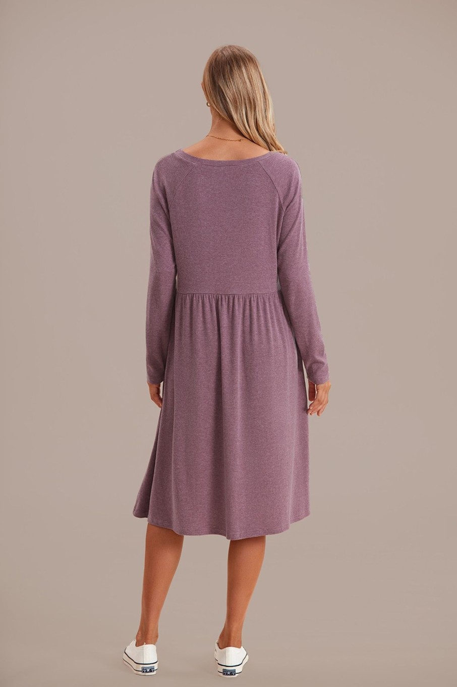 Clearance Long Sleeve Round Neck Midi Dress Mauve