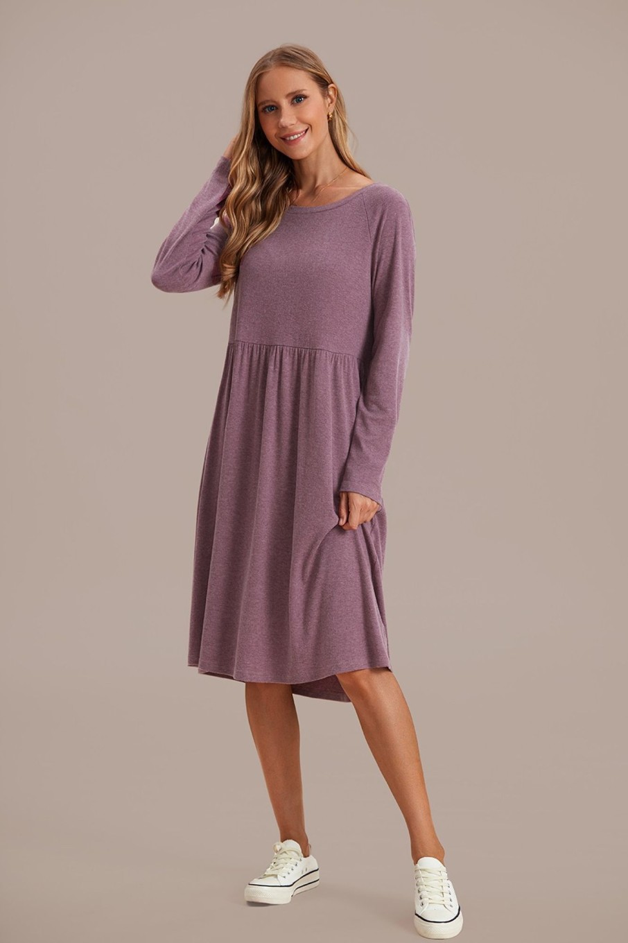 Clearance Long Sleeve Round Neck Midi Dress Mauve