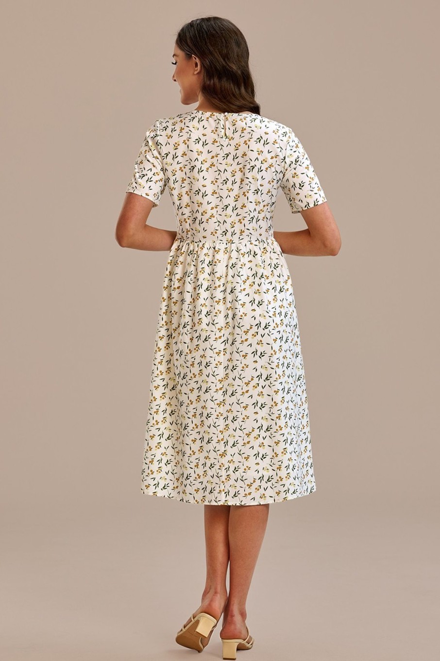 New Short Sleeve Round Neck Midi Dress Floral