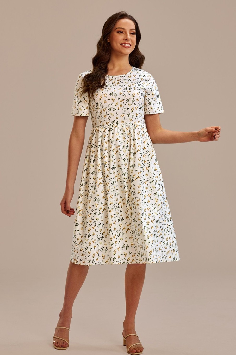 New Short Sleeve Round Neck Midi Dress Floral