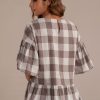 Hot Brown Plaid Short Puff Sleeves Round Neck Top Multi