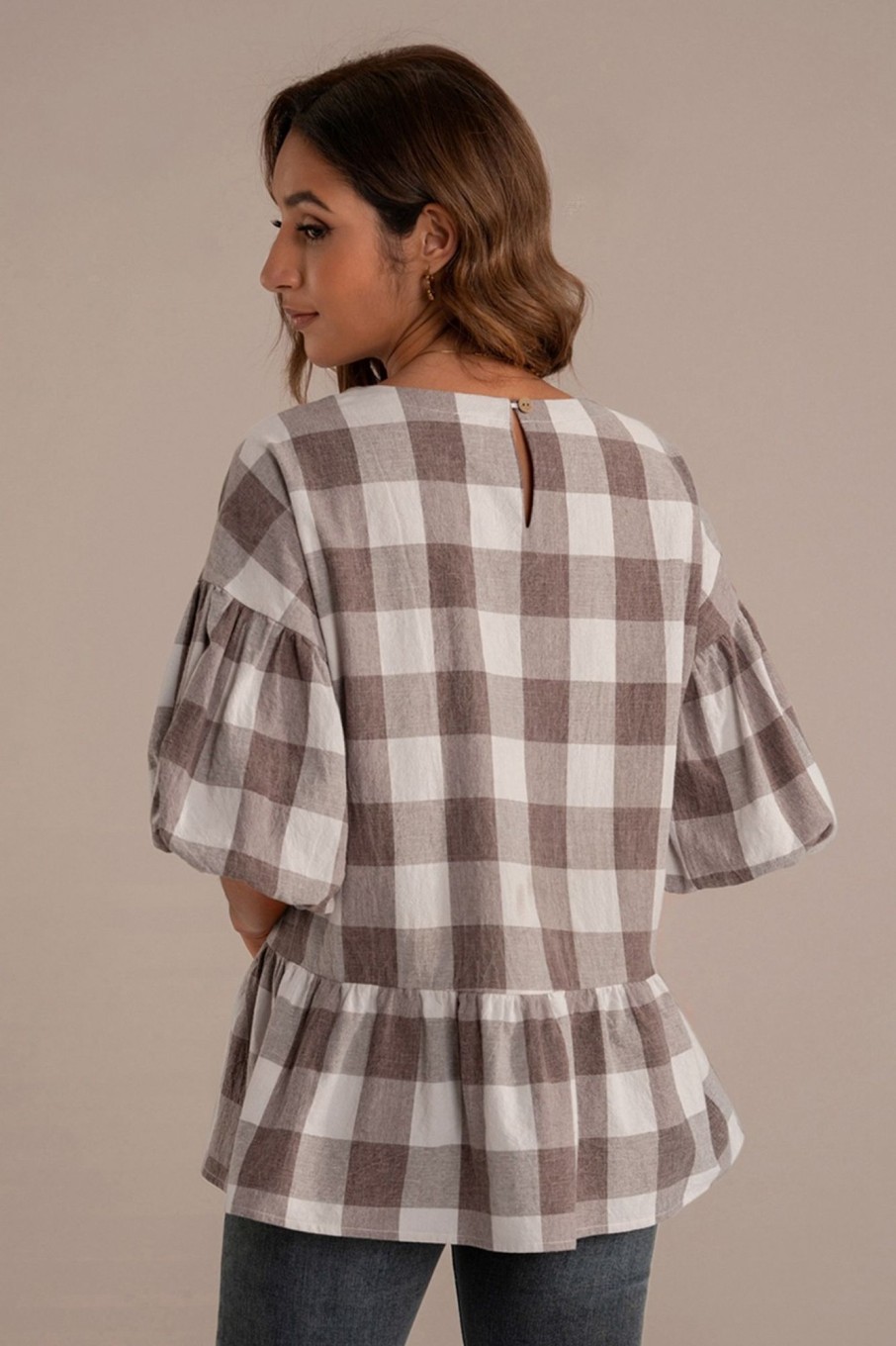 Hot Brown Plaid Short Puff Sleeves Round Neck Top Multi