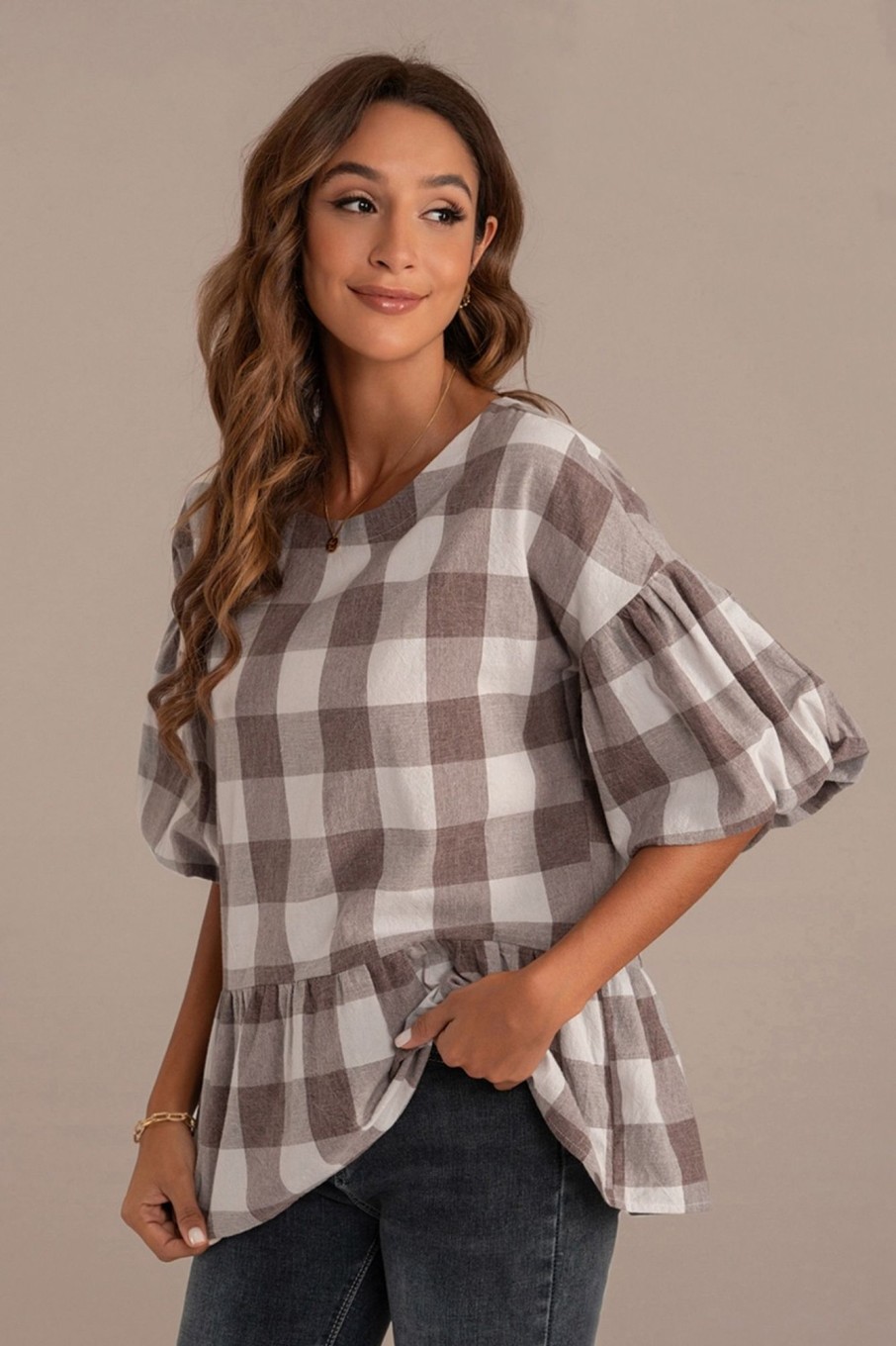 Hot Brown Plaid Short Puff Sleeves Round Neck Top Multi