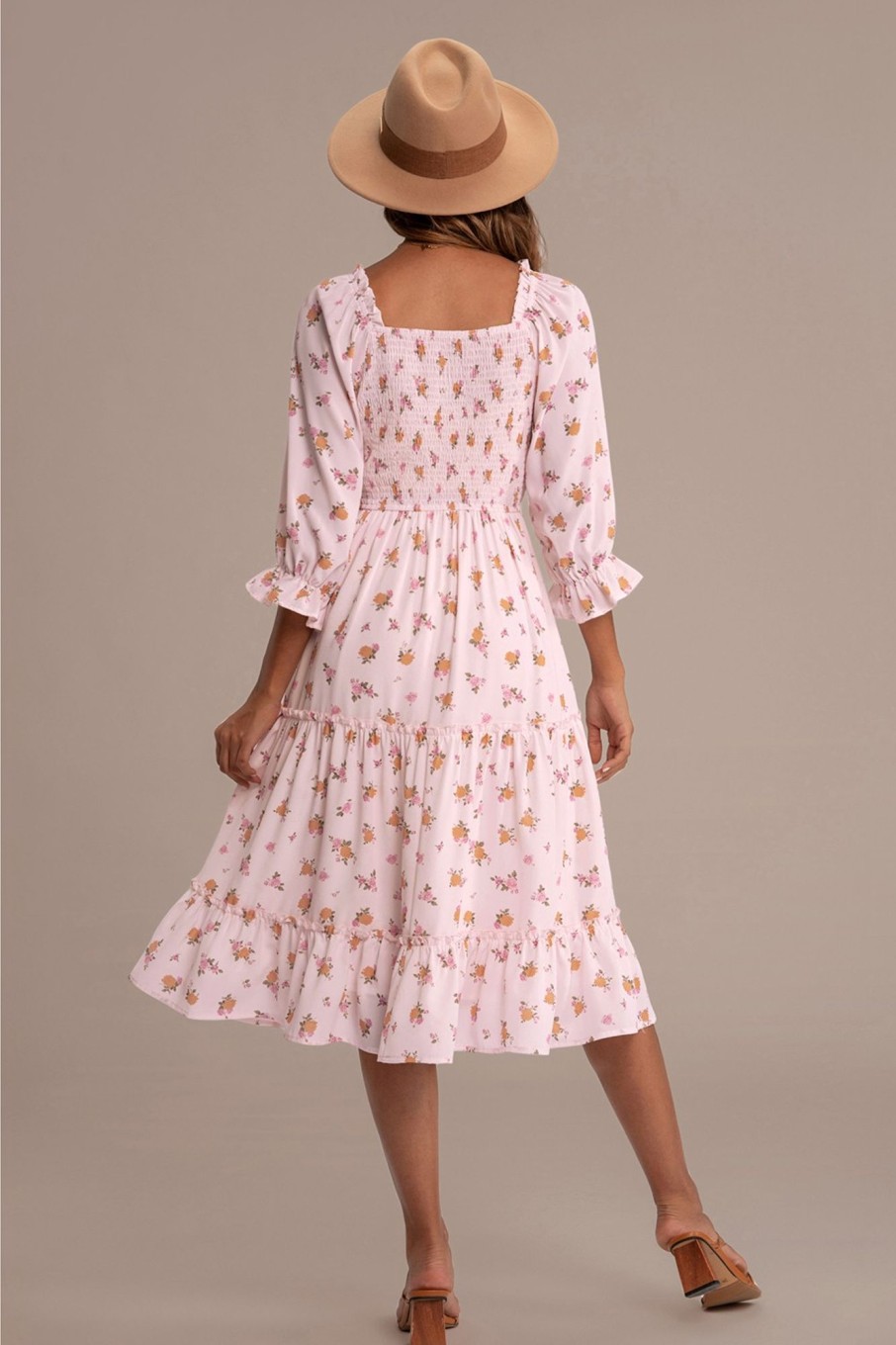 Online Floral Half Sleeve Square Neck Smocked Tiered Midi Dress Peach