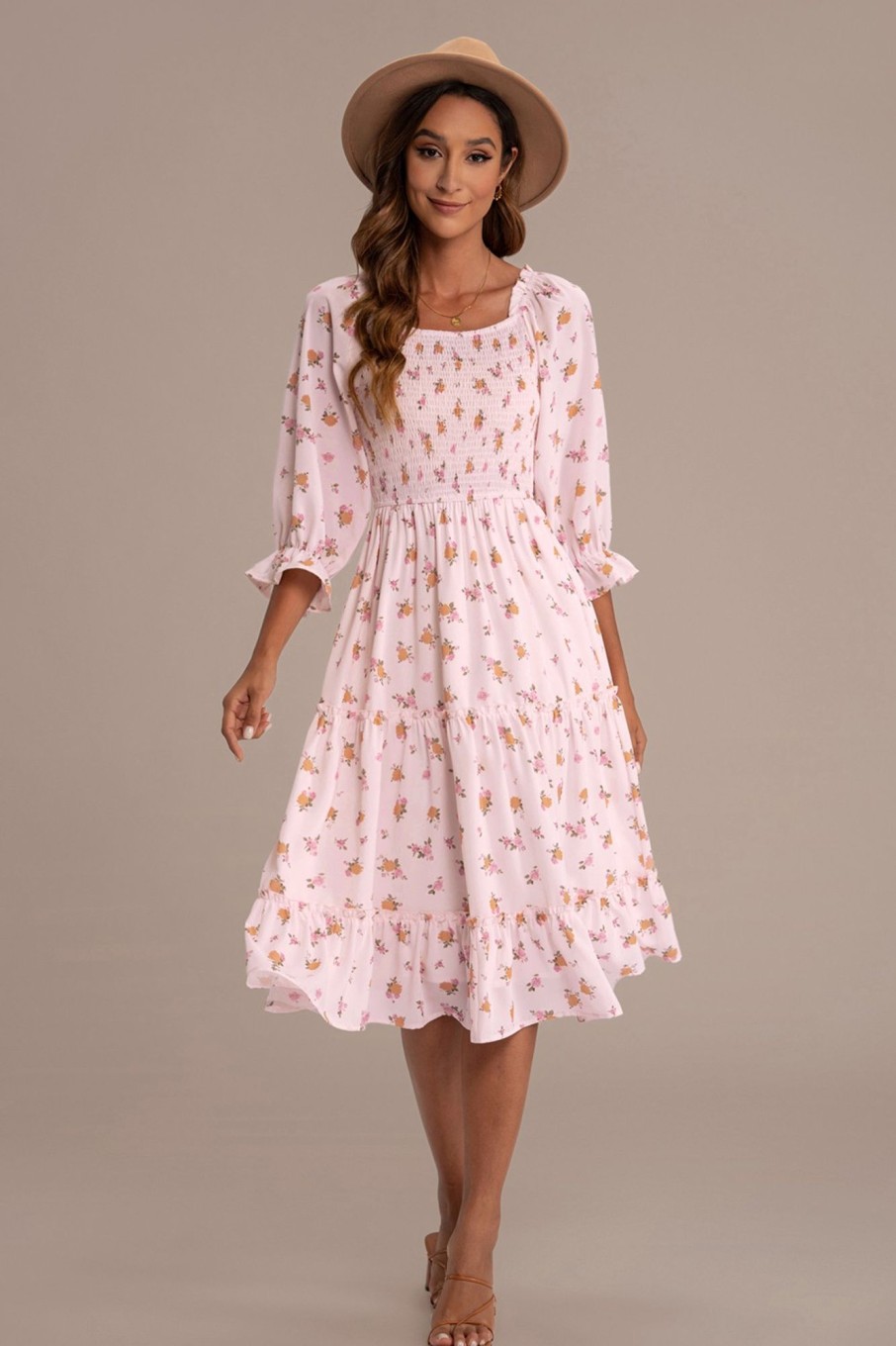 Online Floral Half Sleeve Square Neck Smocked Tiered Midi Dress Peach