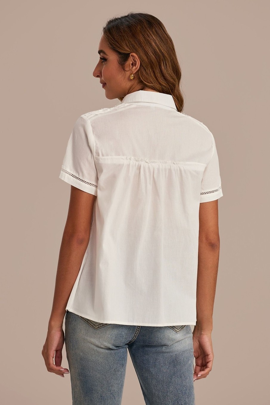 Wholesale Hollow Collared Neck Short Sleeve Button Blouse White