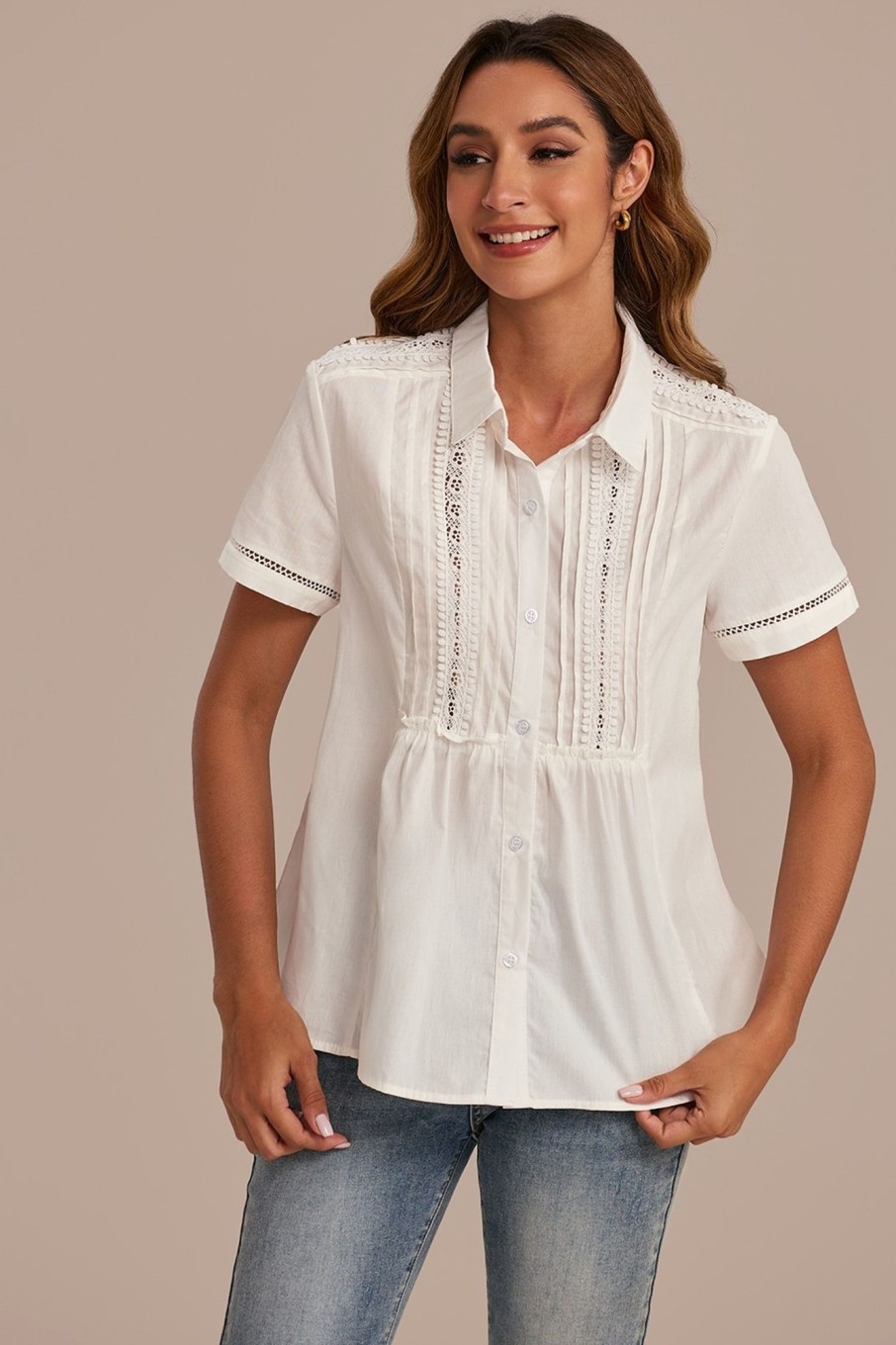 Wholesale Hollow Collared Neck Short Sleeve Button Blouse White