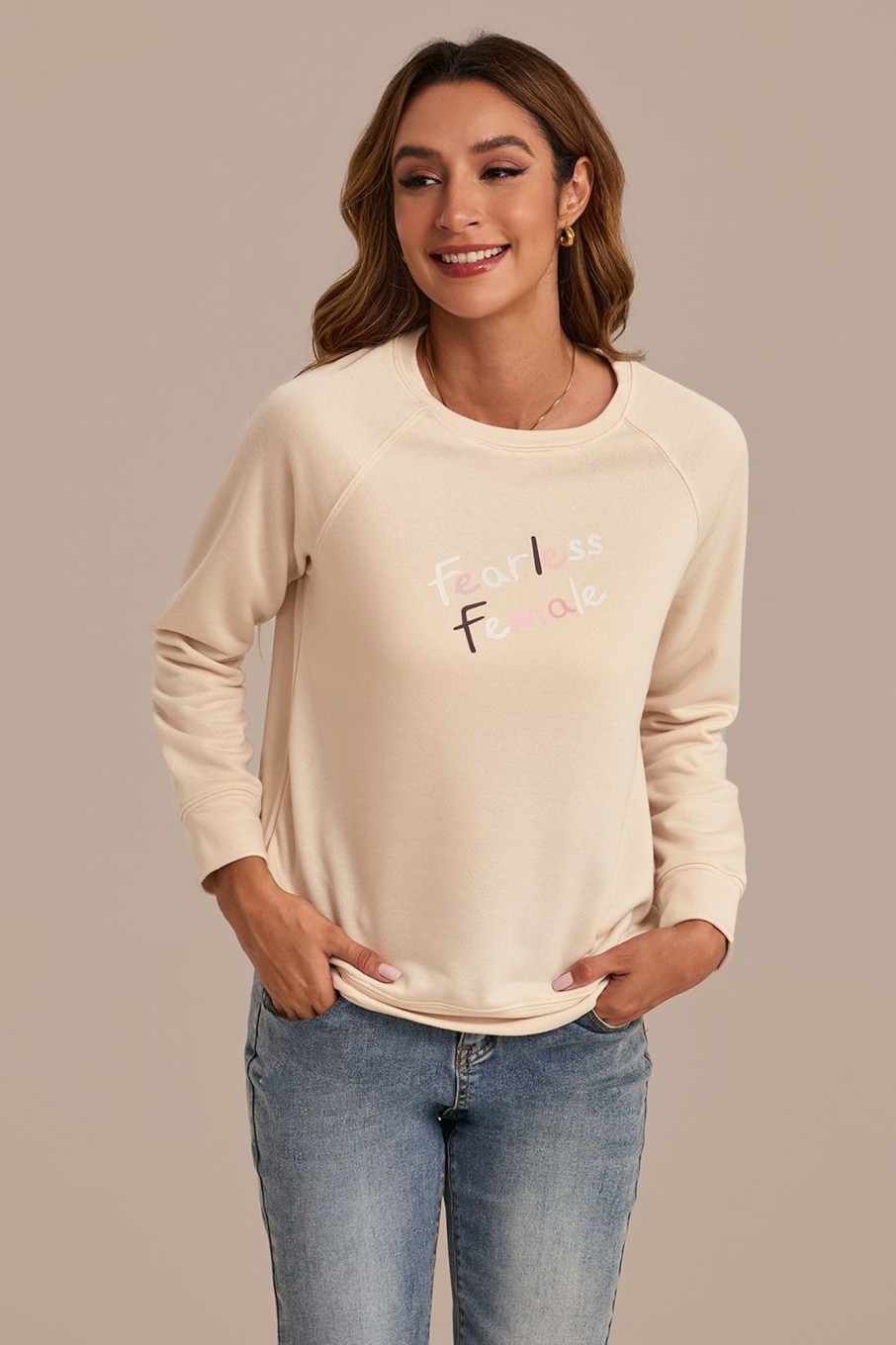 Wholesale Letter Print Round Neck Long Sleeve Sweatshirt Seaside Sand