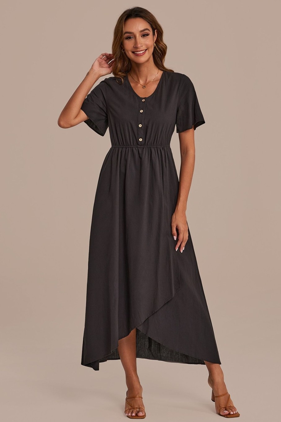 New Short Sleeve V Neck Buttons Maxi Dress Black